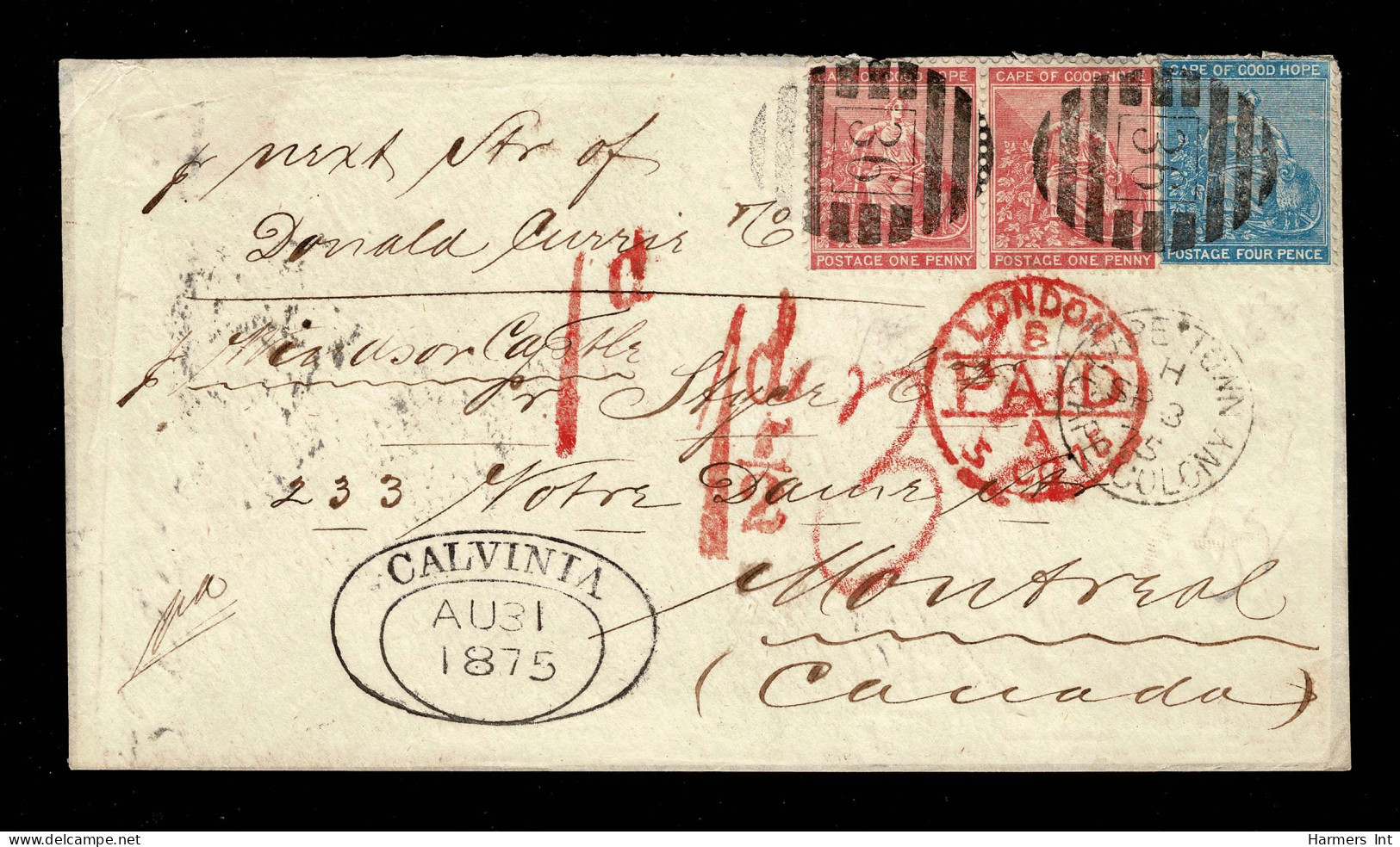 Lot # 528 Used To Canada: 1864-77, “Hope Seated” 4d Blue, 1871-76 1d Carmine-red PAIR - Cap De Bonne Espérance (1853-1904)