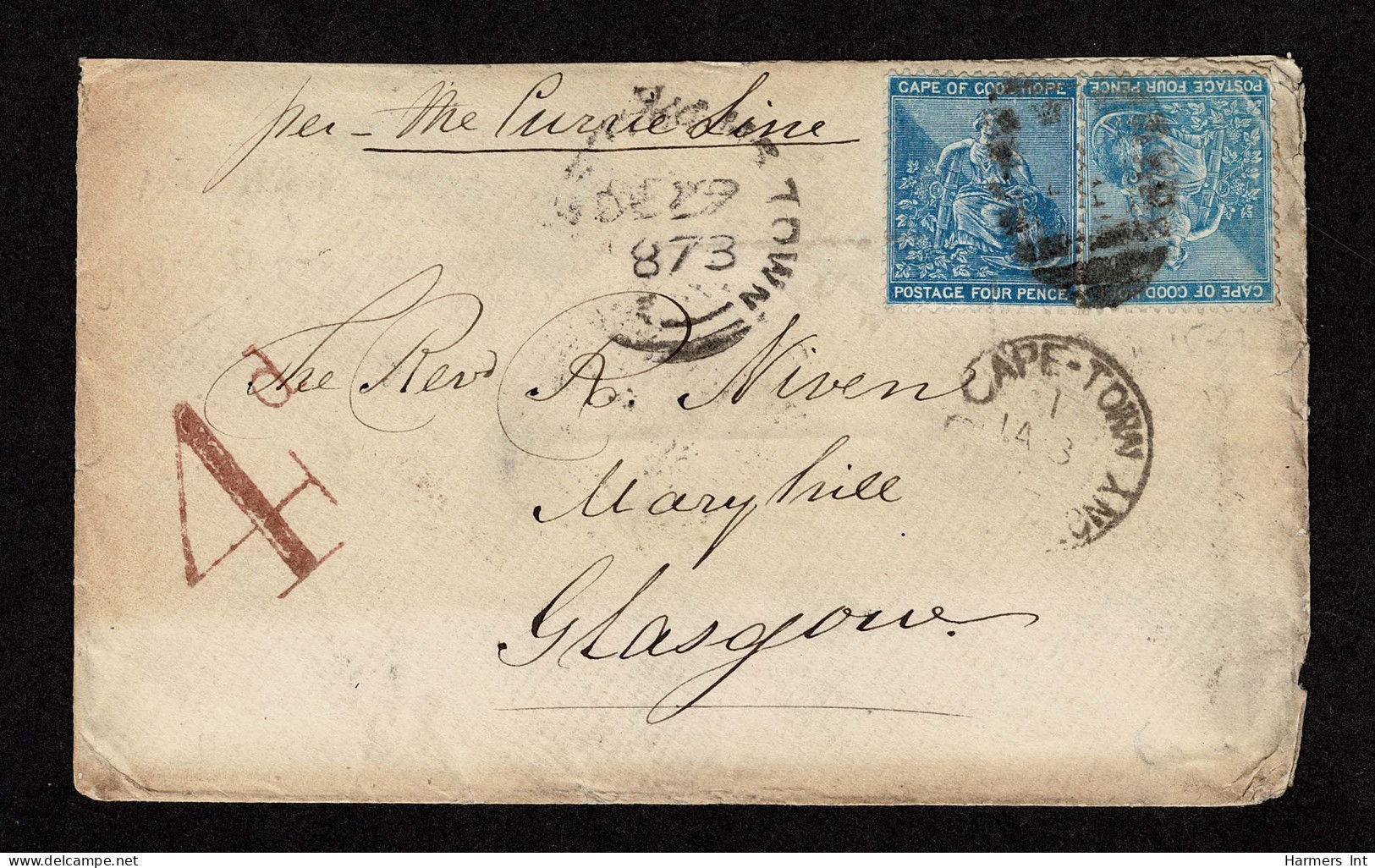 Lot # 529 Used To Scotland: 1873 (27 Dec.) Private Ship Double Rate Envelope From King Williams Town To Glasgow, Scotlan - Cape Of Good Hope (1853-1904)