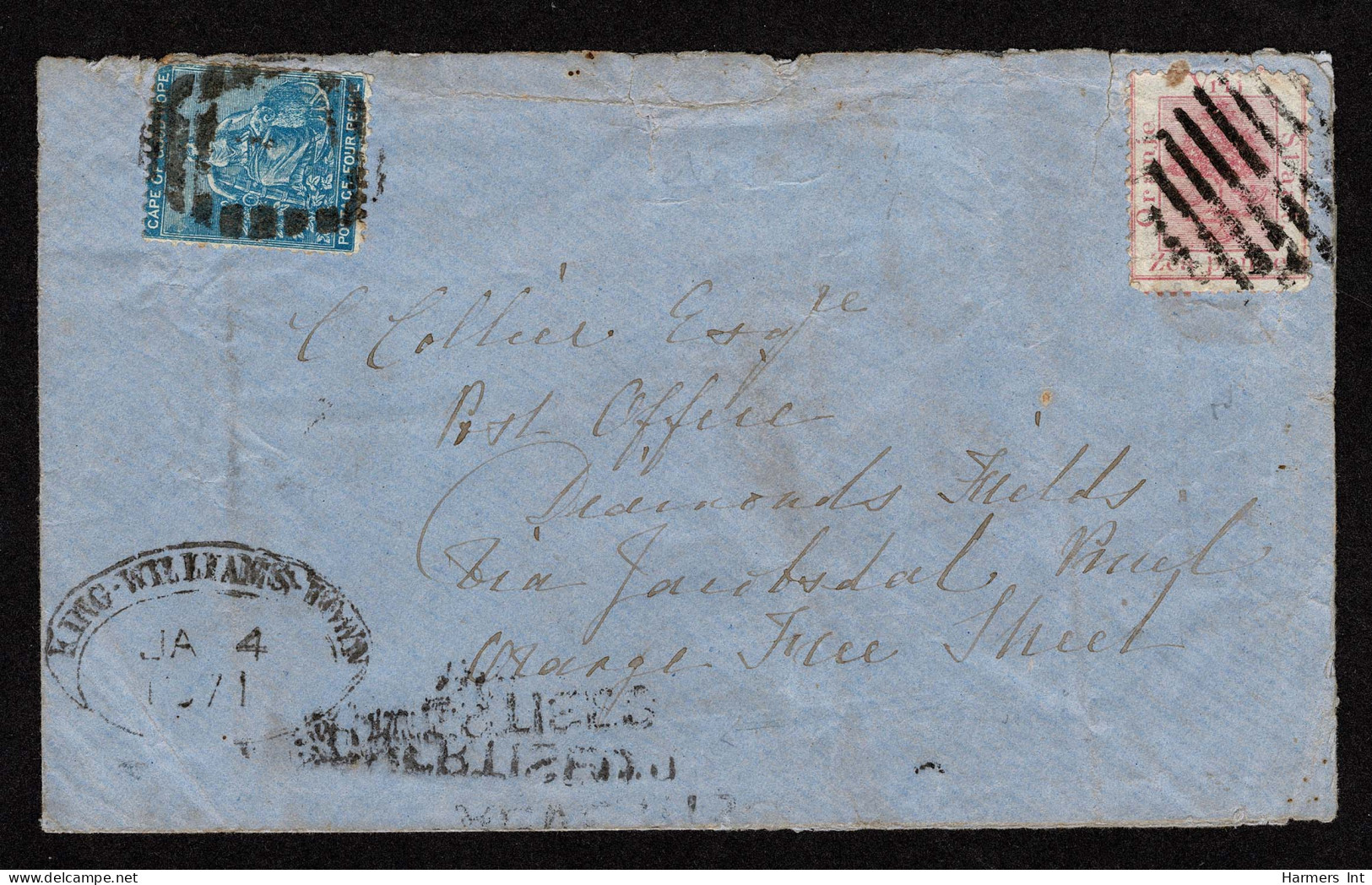 Lot # 532 Cape And Orange Free State Combination Usage: 1871 (4 Jan.) Envelope From King Williams Town To Pniel Klipdrif - Cap De Bonne Espérance (1853-1904)