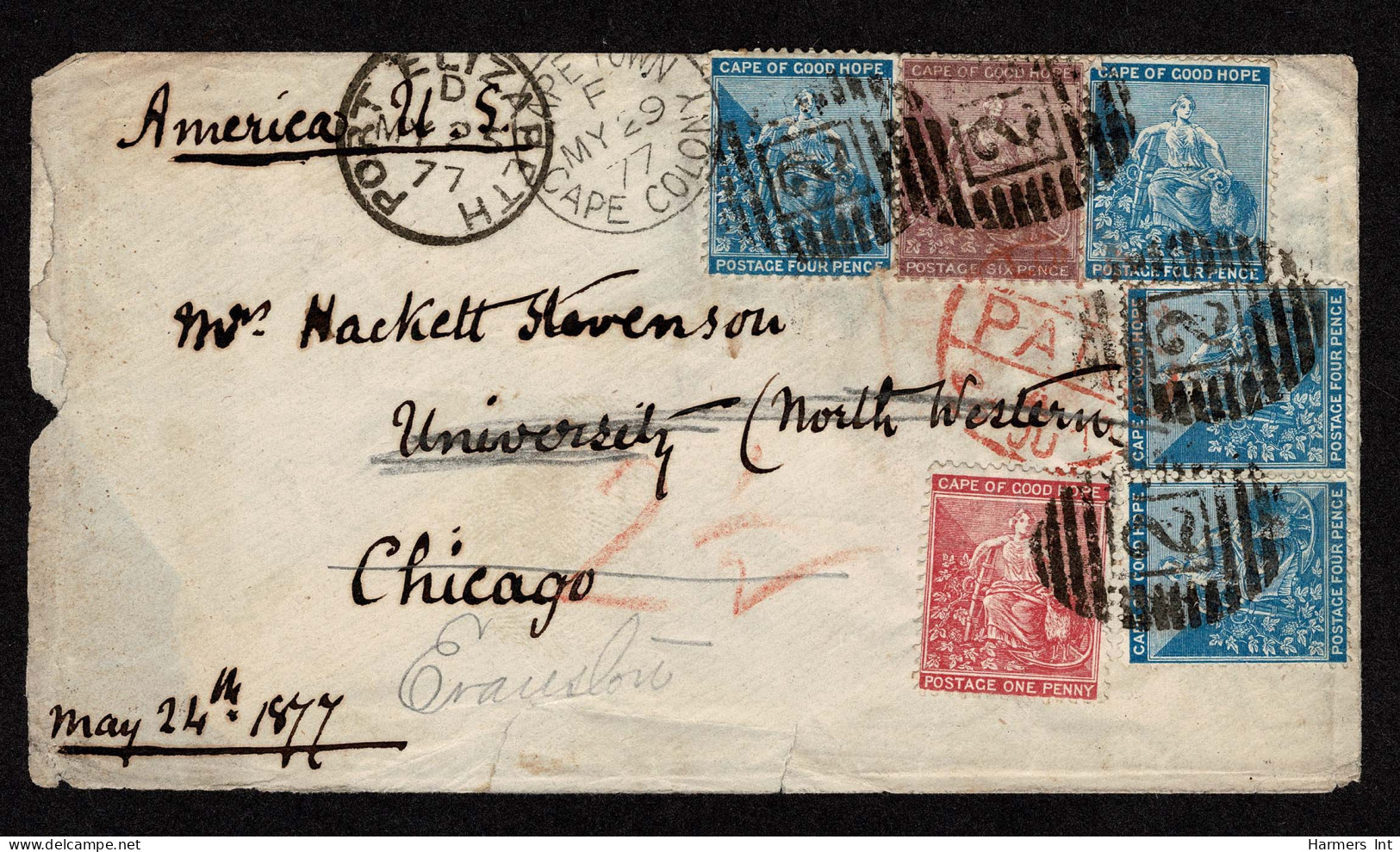 Lot # 533 Used To The United States: 1877 (25 May) Single Packet Rate Envelope From Port Elizabeth To Chicago, Illinois  - Cap De Bonne Espérance (1853-1904)