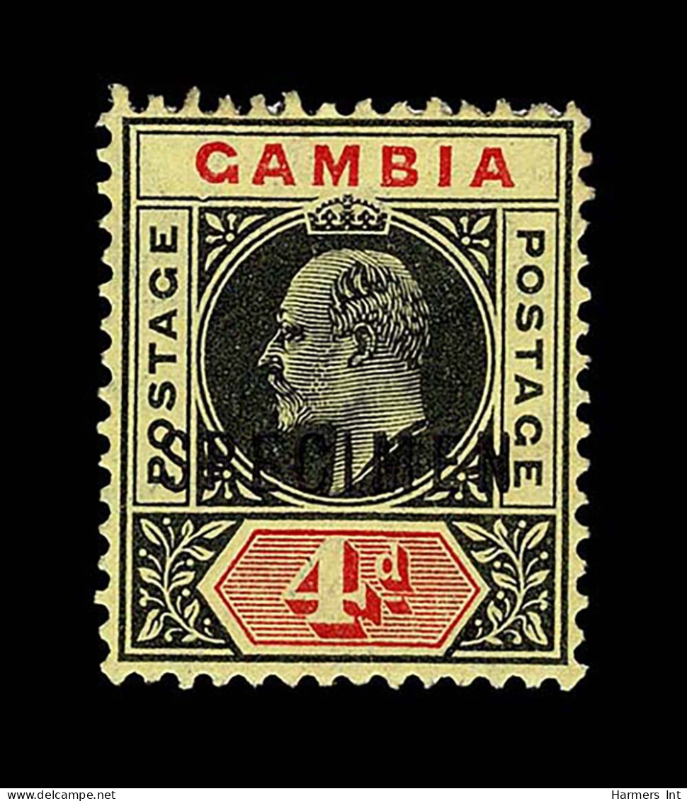 Lot # 574 GAMBIA: 1909, King Edward VII, 4d Black & Red On Yellow Overprint SPECIMEN, “dented Frame” Variety - Gambie (...-1964)