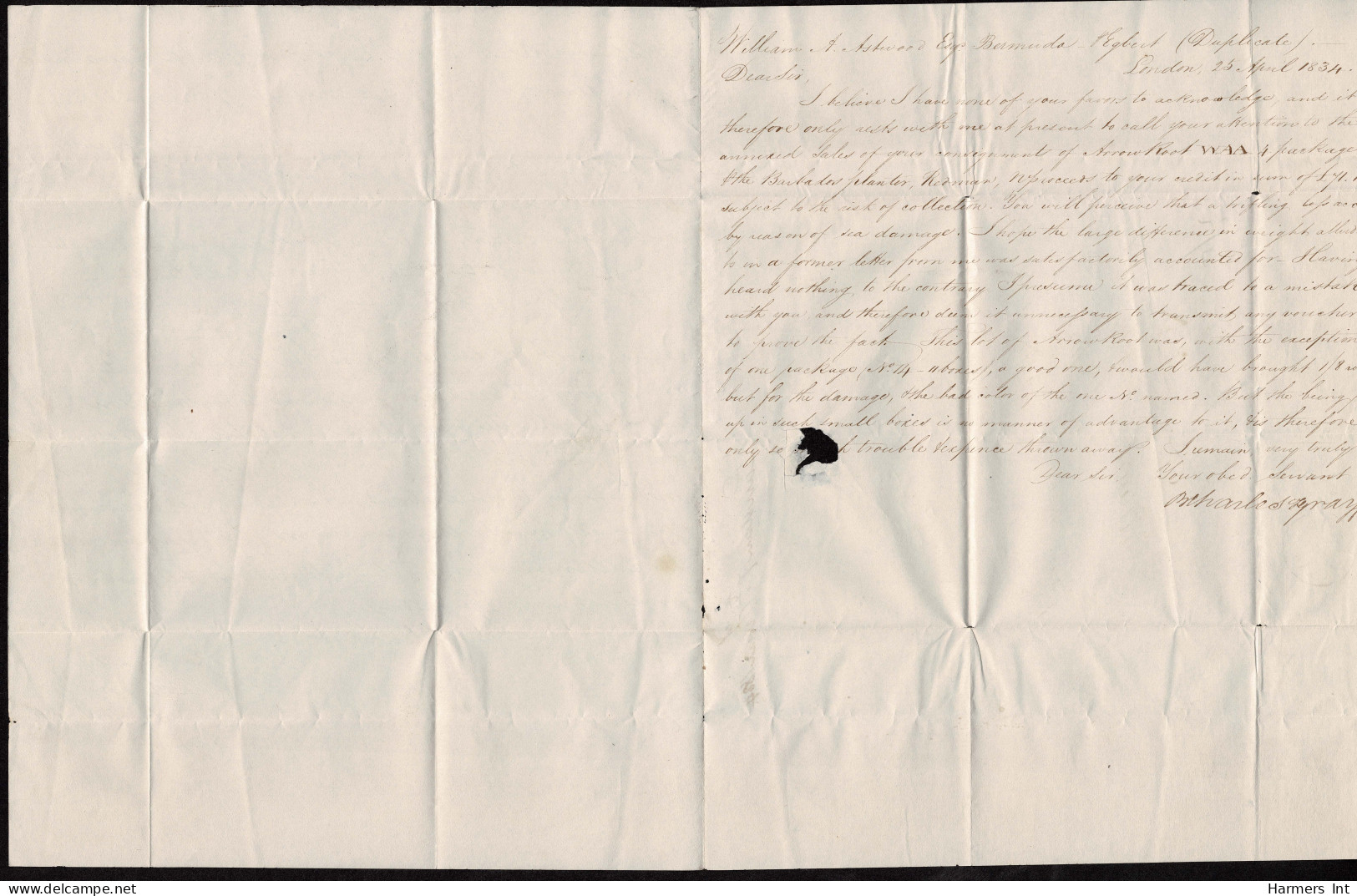 Lot # 580 1834 London To Bermuda Stampless: Folded Letter Date-lined "London 7 June 1834" - ...-1840 Préphilatélie