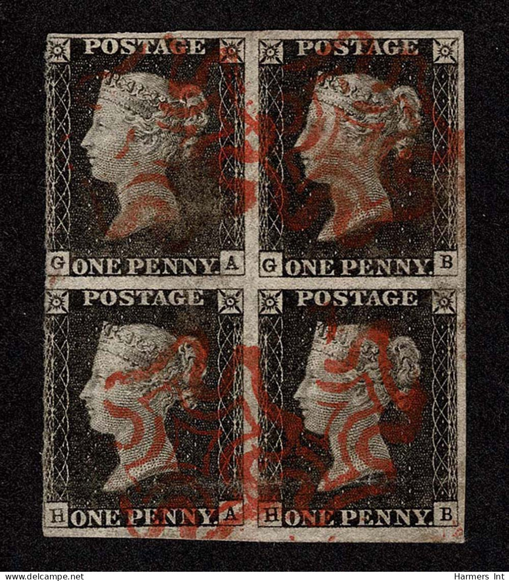 Lot # 583 1840, Queen Victoria First Issue, 1d Black Block Of Four Red Maltese Cross Cancels - Used Stamps