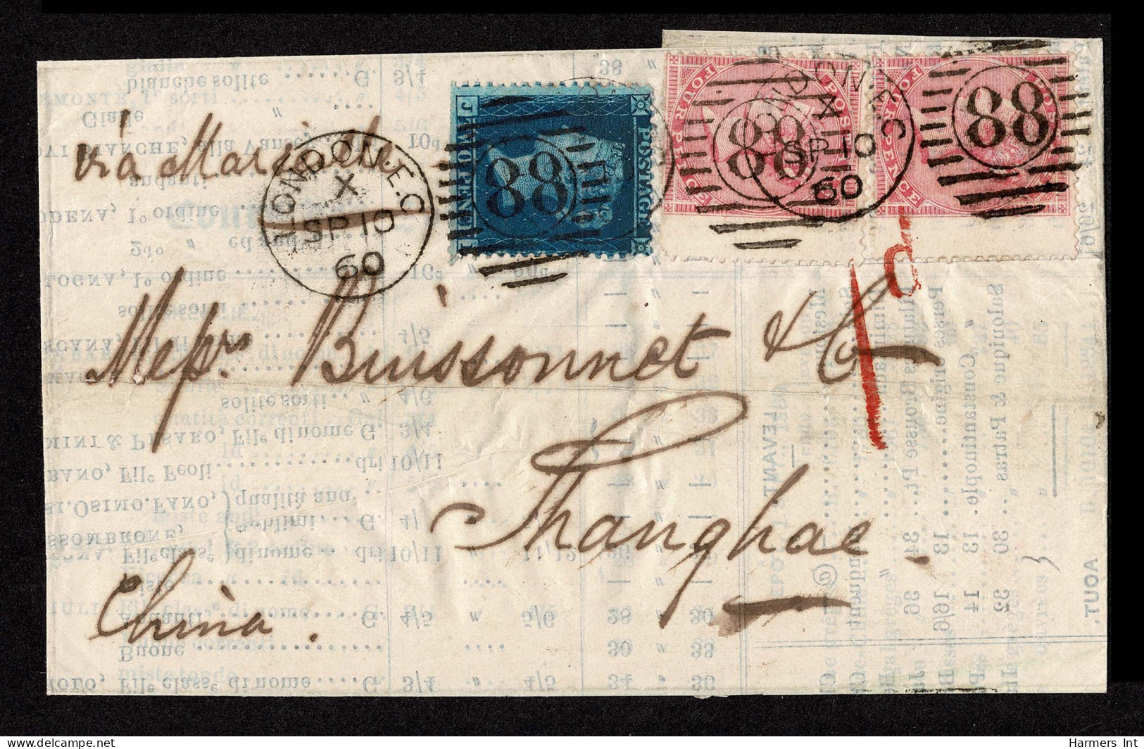 Lot # 597 Used To Shanghai: 1855-60, 2d Blue On Bluish, Large Crown Watermark, Perf 14, Plate 5 Together With 1857 Two-w - Lettres & Documents