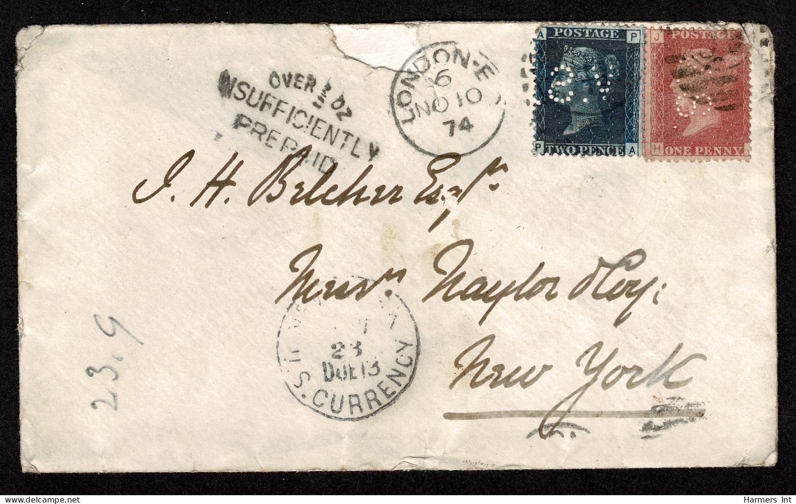 Lot # 599 Used To U.S.: 1874, Perfins On Postage Due Cover: 1869 1d Plate 149 And 2d Plate 4, Both Perfined ” V.S.” (Vic - Covers & Documents