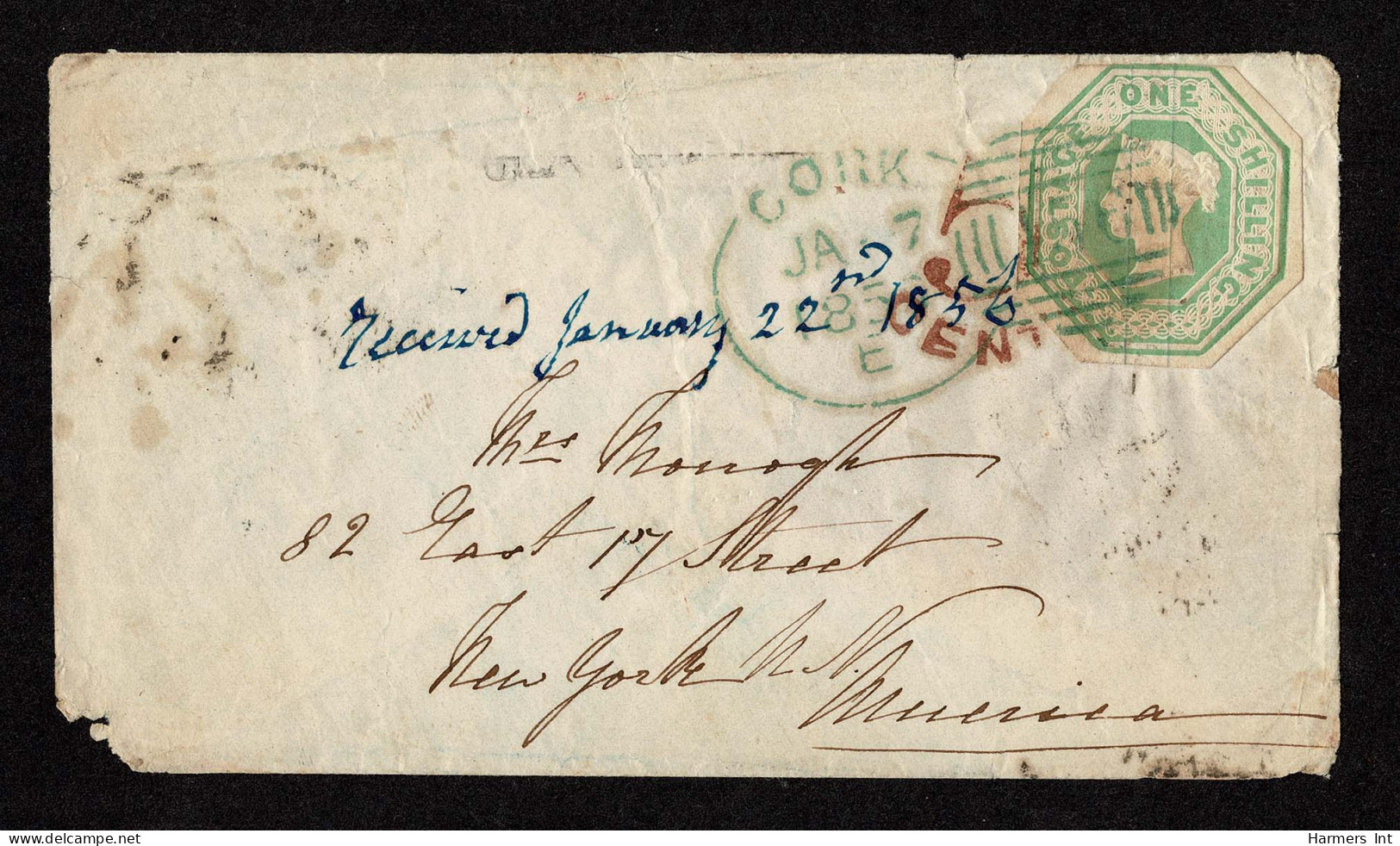 Lot # 603 Used To U.S.: 1847, Queen Victoria (embossed), 1s Green, Cut To Shape, Margins All Around To Barely Touched At - Covers & Documents