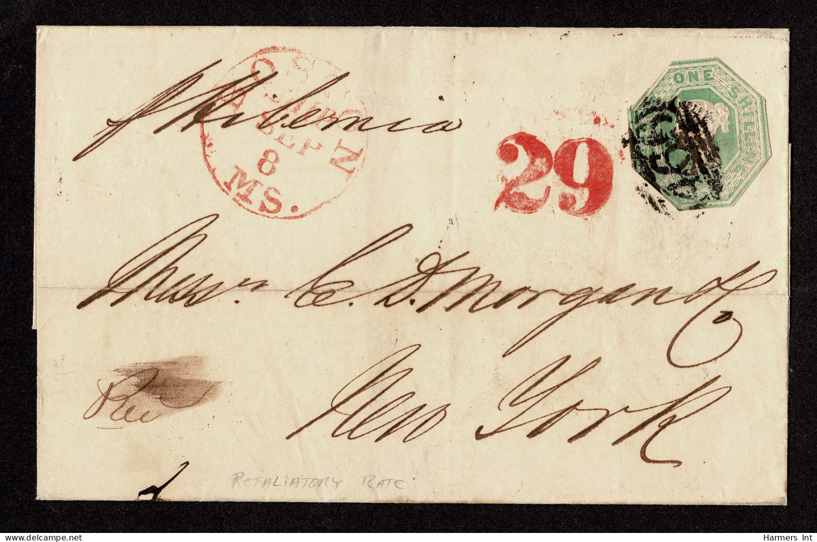 Lot # 605 Used To New York: Retaliatory Rate; 1847, Queen Victoria (embossed), 1s Pale Green, Cut To Shape - Cartas & Documentos