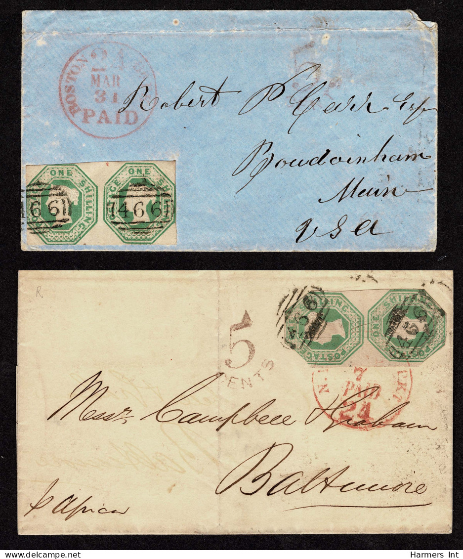 Lot # 613 Great Britain Covers 1847-54 Embossed; 1 Shilling Green EIGHT Covers To The North America Primarily United Sta - Cartas & Documentos