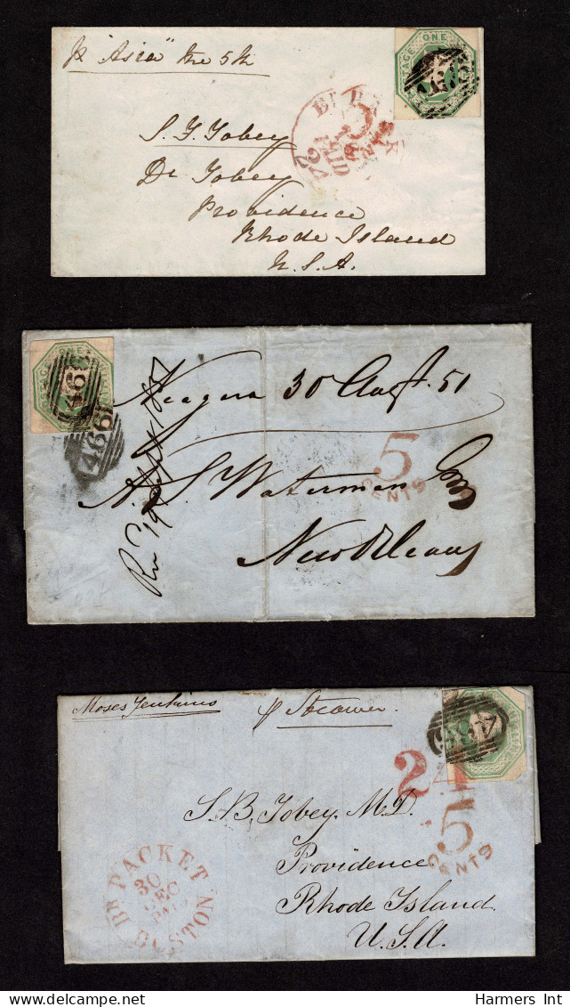 Lot # 613 Great Britain Covers 1847-54 Embossed; 1 Shilling Green EIGHT Covers To The North America Primarily United Sta - Covers & Documents