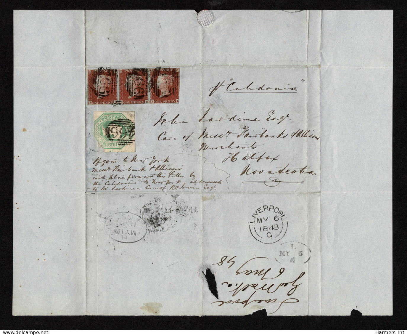 Lot # 613 Great Britain Covers 1847-54 Embossed; 1 shilling green EIGHT covers to the North America primarily United Sta