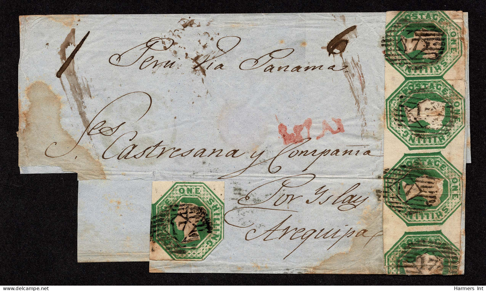 Lot # 613 Great Britain Covers 1847-54 Embossed; 1 shilling green EIGHT covers to the North America primarily United Sta