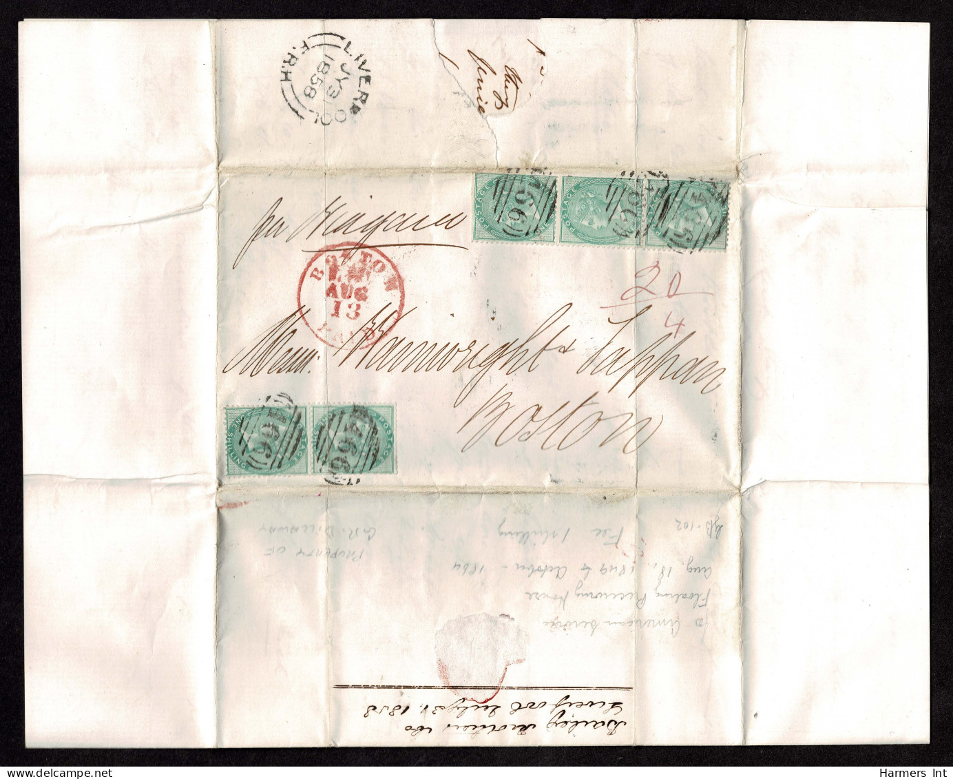 Lot # 614 Used To Boston: 1856, Queen Victoria, 1s Green, Emblems Watermark (no Corner Letters) VERTICAL PAIR And STRIP  - Covers & Documents