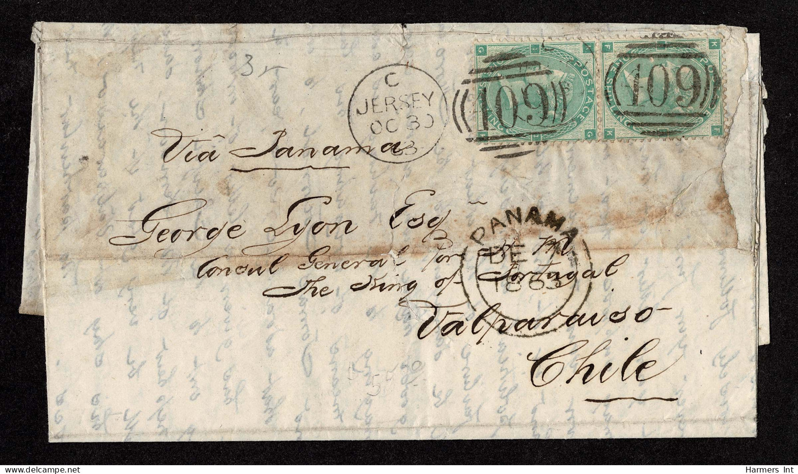 Lot # 617 Used From Jersey To Valparaiso Chili: 1862, Queen Victoria, 1s Green, Emblems Watermark VERTICAL PAIR Tied By  - Briefe U. Dokumente