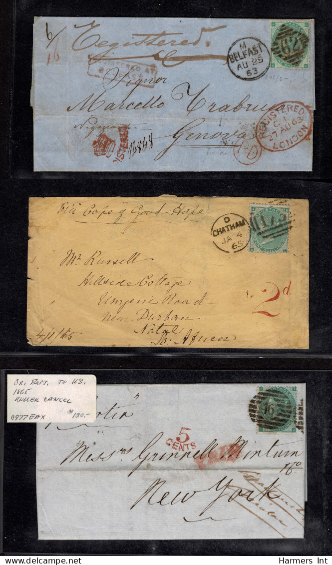 Lot # 618 Great Britain Covers : 1862-64 1s Green, 3 Covers, To Natal, Genoa (1863 Registered) And New York (1865) - Covers & Documents