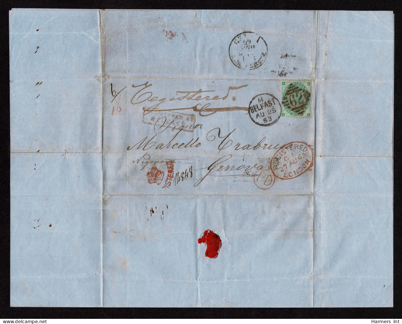 Lot # 618 Great Britain Covers : 1862-64 1s Green, 3 Covers, To Natal, Genoa (1863 Registered) And New York (1865) - Cartas & Documentos