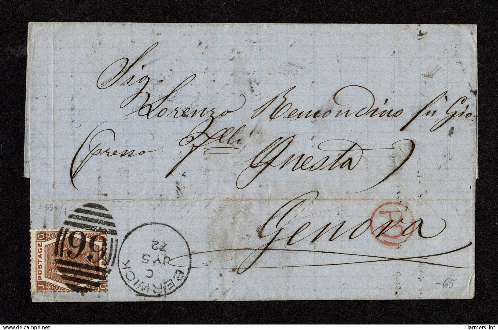 Lot # 623 Used To Genoa: 1872, Queen Victoria, 6d Deep Chestnut, Spray Of Rose Watermark Scarce Shade - Covers & Documents