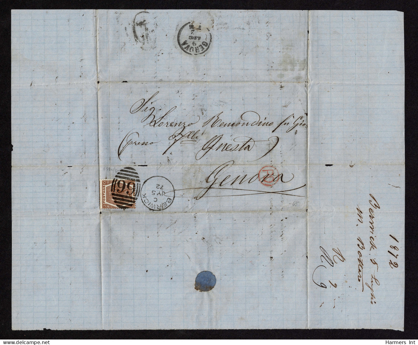 Lot # 623 Used To Genoa: 1872, Queen Victoria, 6d Deep Chestnut, Spray Of Rose Watermark Scarce Shade - Covers & Documents