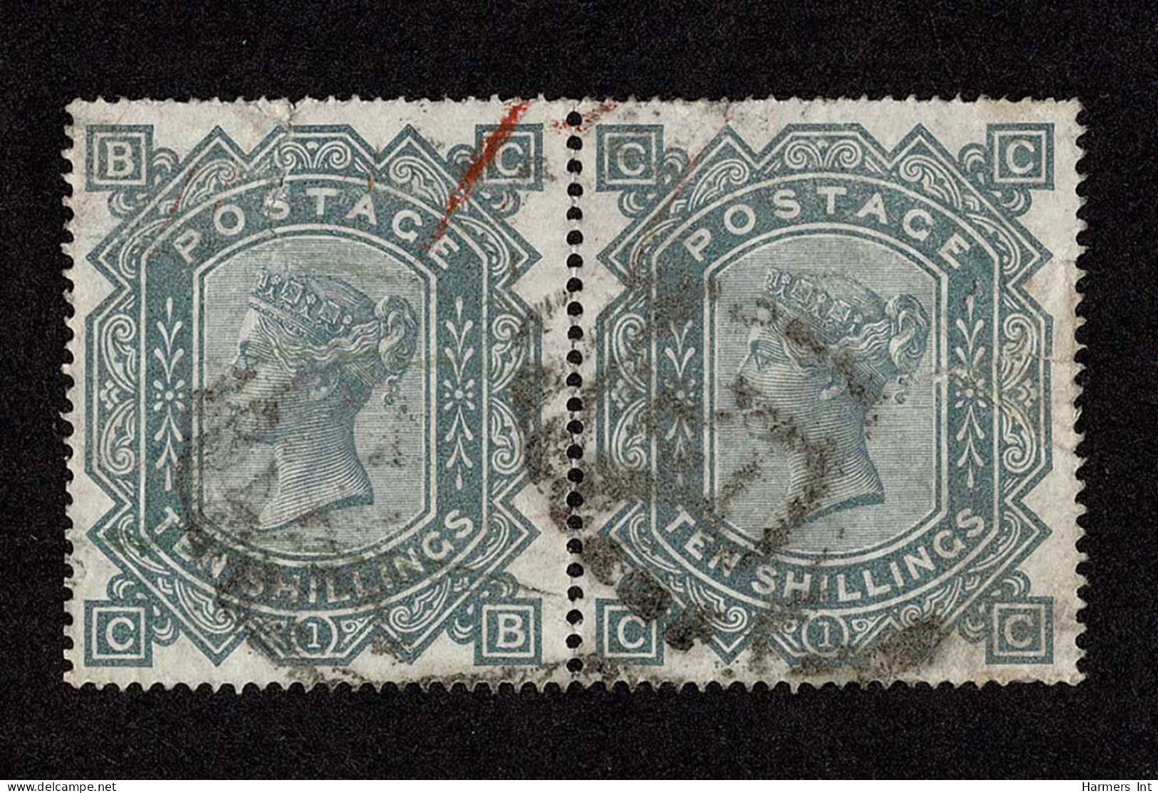 Lot # 625 1878, Queen Victoria, 10s Greenish Gray, PAIR Maltese Cross Watermark PAIR, "R" In Grid Cancels - Oblitérés