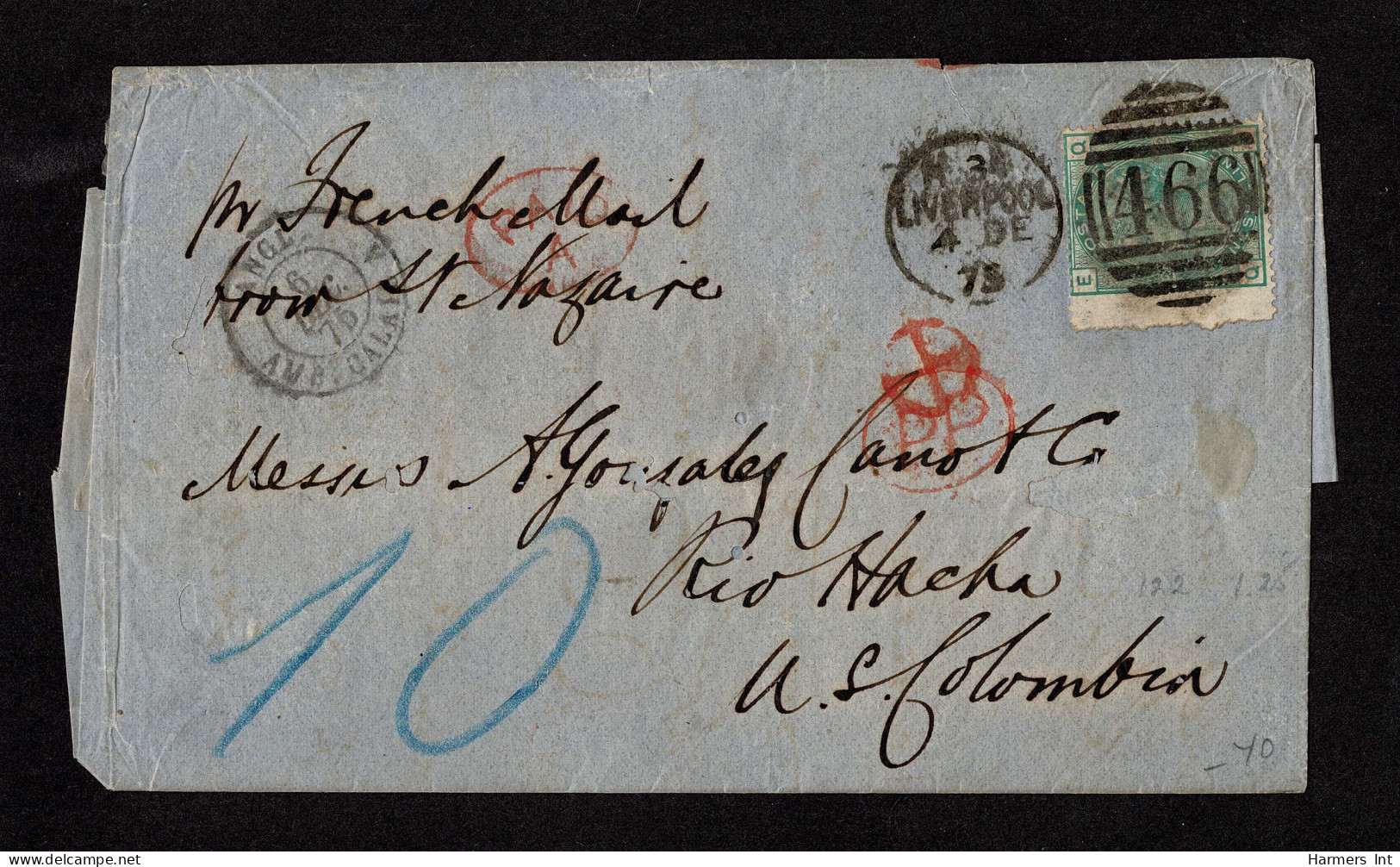 Lot # 632 Used To Colombia: 1873, Queen Victoria, 1s Pale Green, Spray Of Rose Watermark Perf Faults, Tied By LIVERPOOL  - Cartas & Documentos