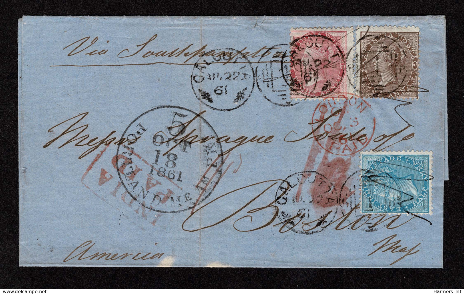 Lot # 771 Used From India To The United States: 1865-67 8a, 1a And ½a Tied By CALCUTTA AU 22 61 C.d.s. Strikes On Blue F - Sonstige & Ohne Zuordnung