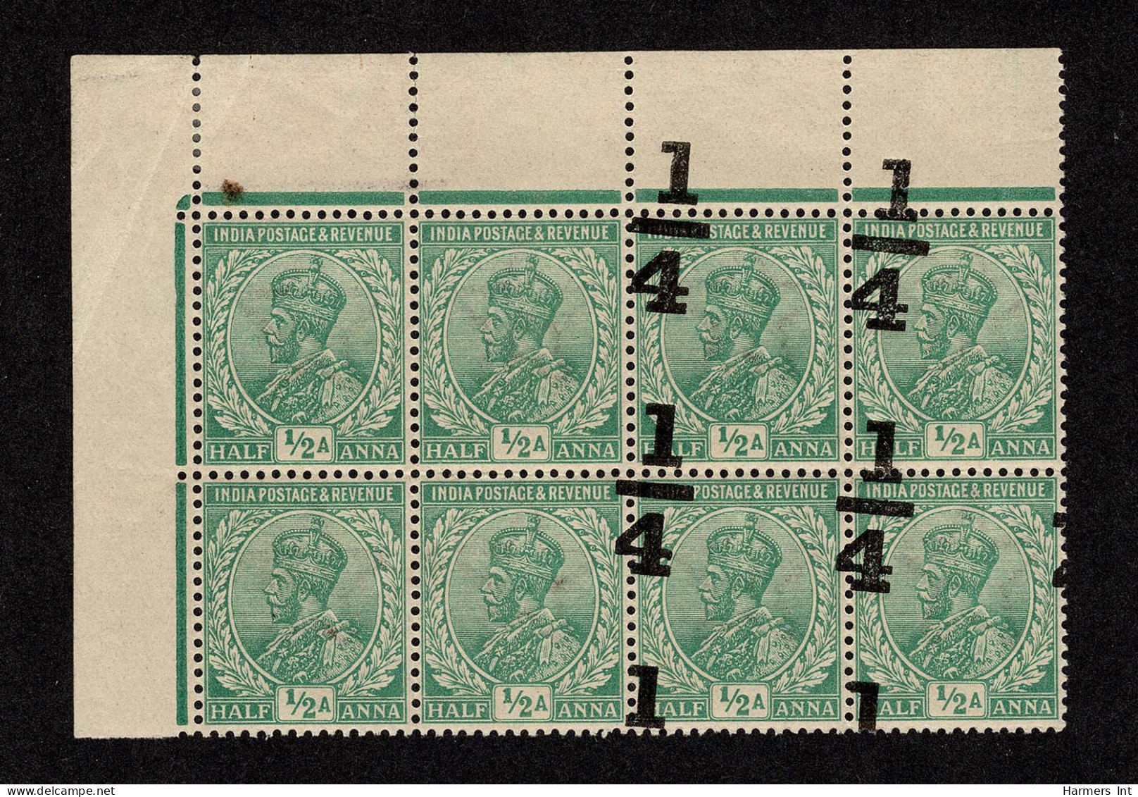 Lot # 772 India: 1922, King George V, 1/4a On 1/2a Bright Green Corner Block Of 8 - Other & Unclassified