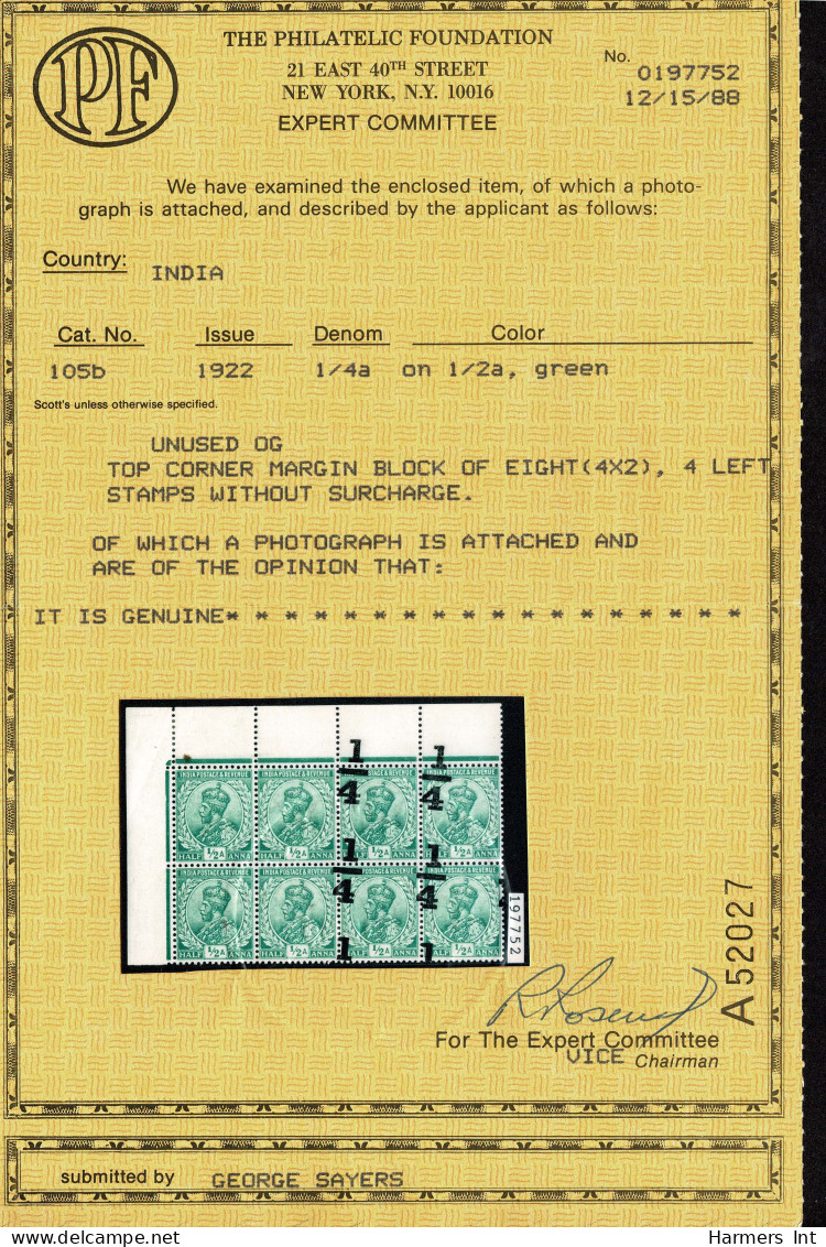 Lot # 772 India: 1922, King George V, 1/4a On 1/2a Bright Green Corner Block Of 8 - Autres & Non Classés