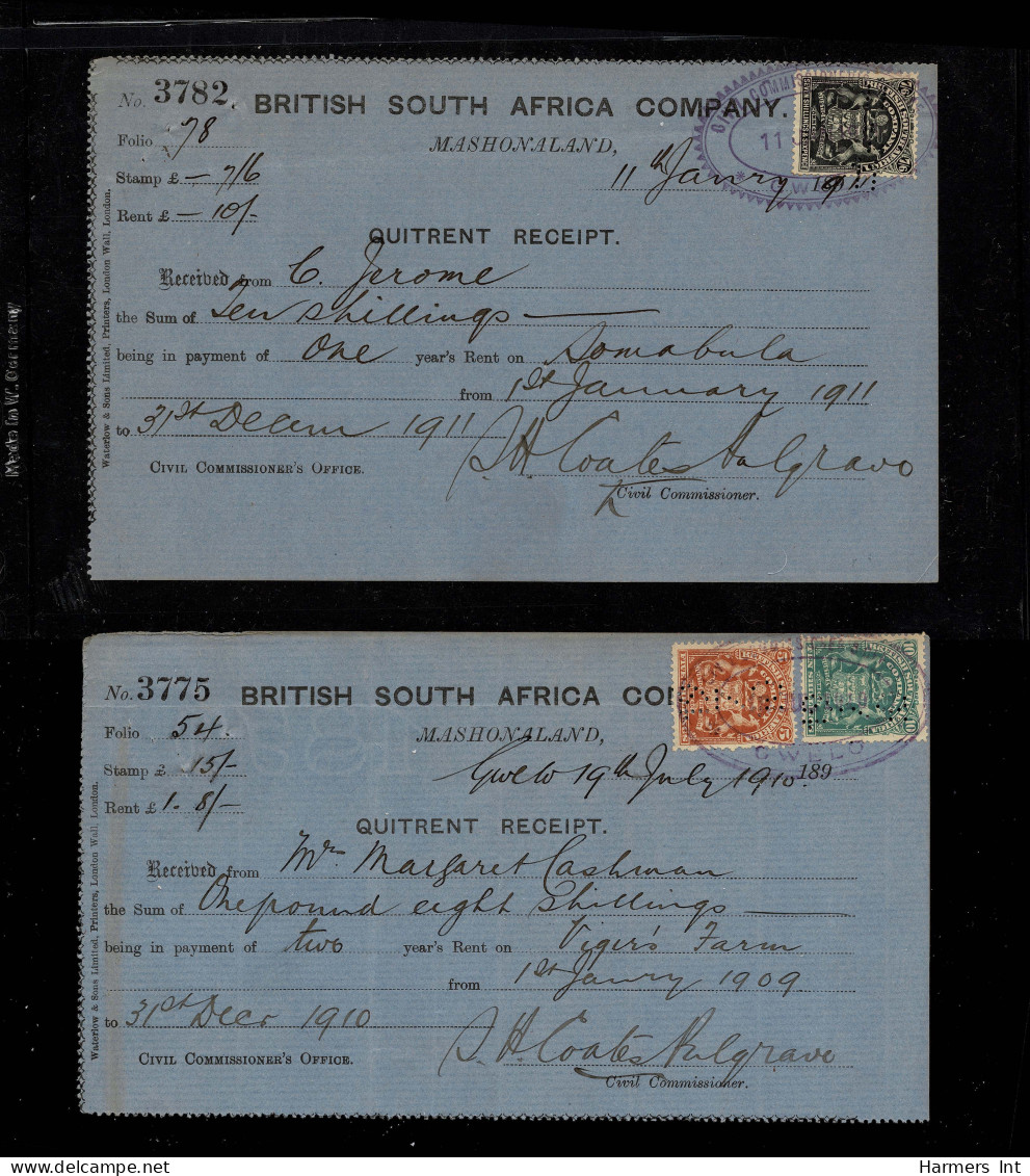 Lot # 803 Rhodesia: 1892 to 1909, the remainder of the Arms Revenue Documents, 68 total.