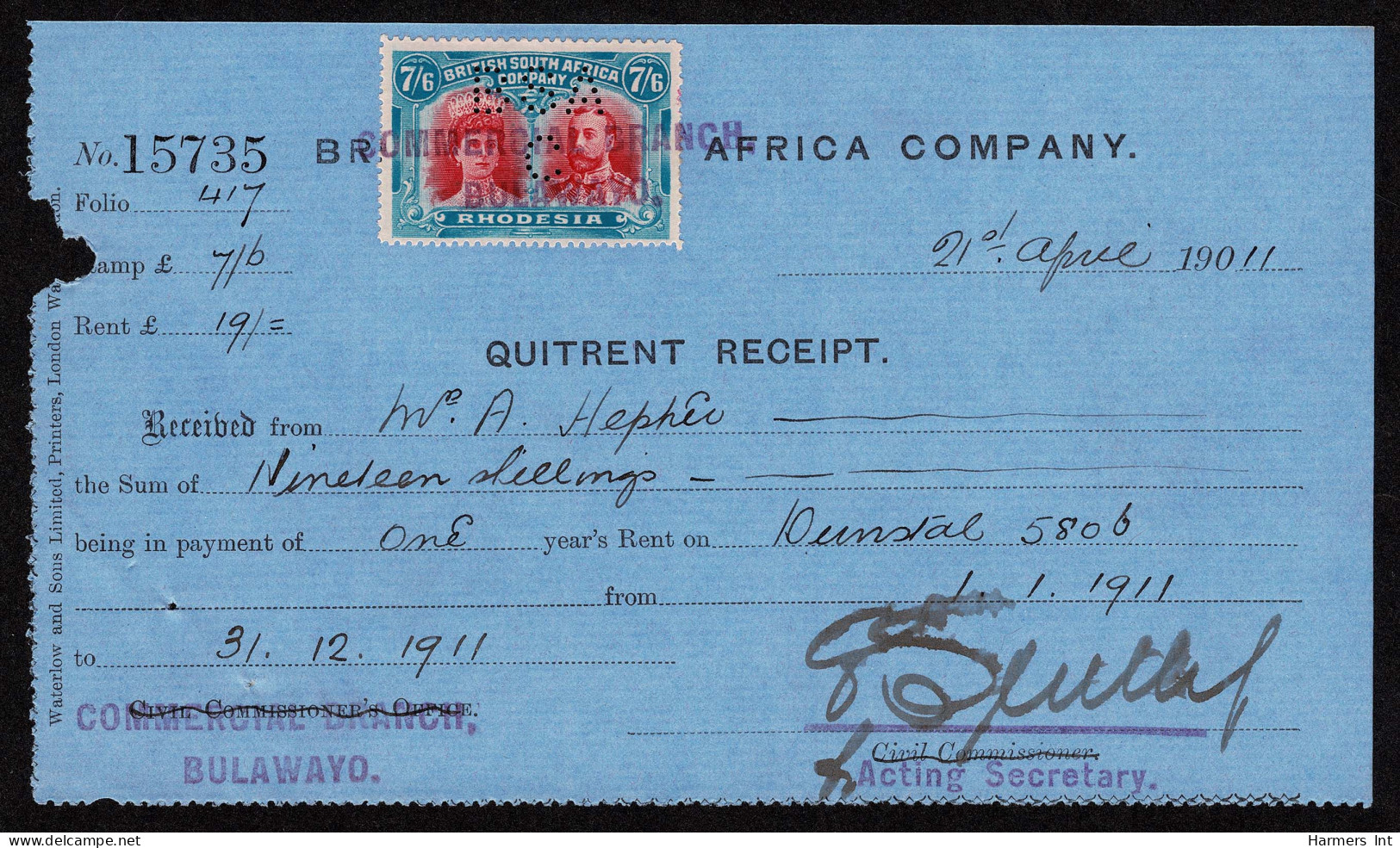 Lot # 807 Rhodesia 1910 -13, King George V “Double Head”: 7s6d Carmine & Light Blue, Perf 14 "long Gash" Headplate Print - Rodesia & Nyasaland (1954-1963)