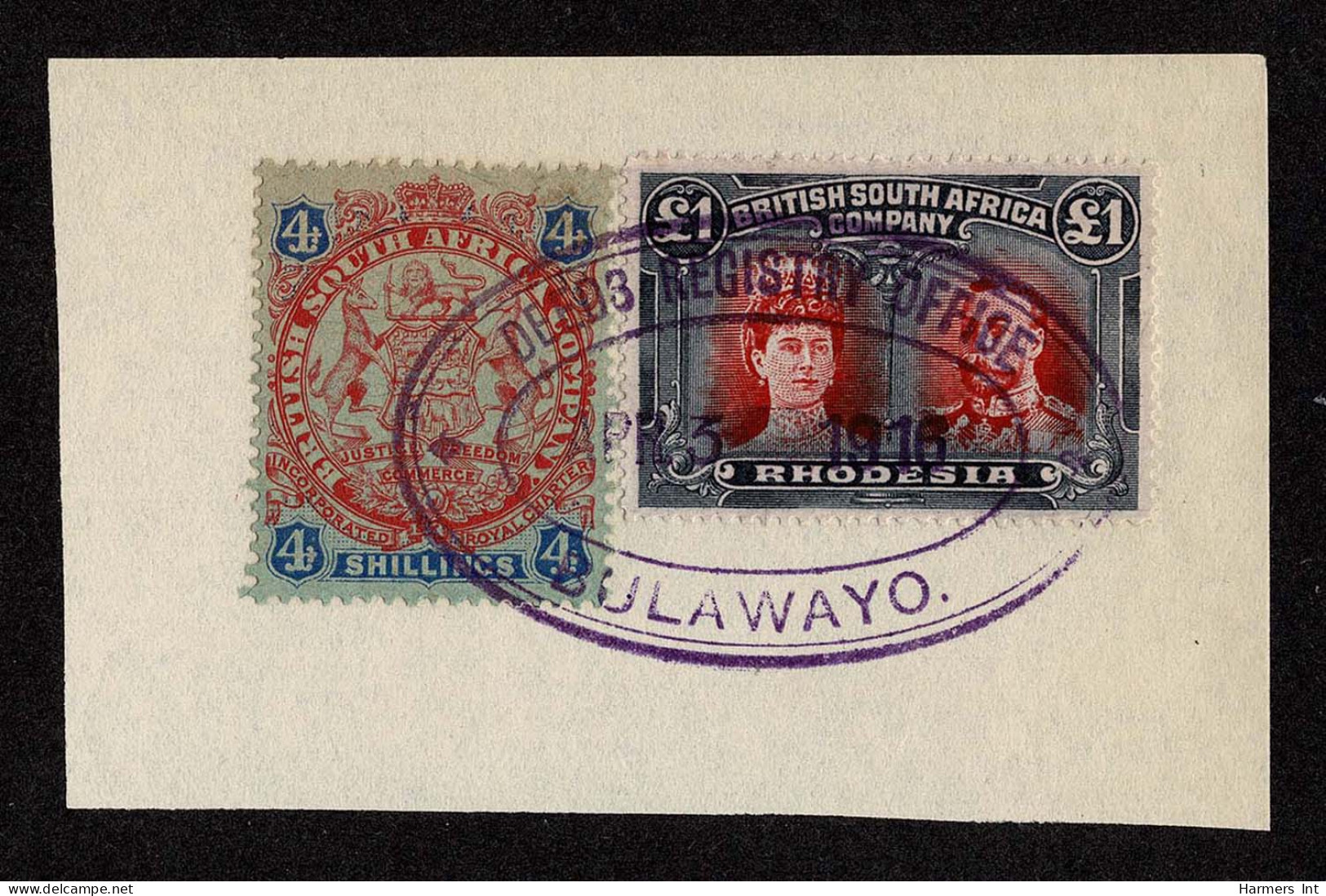 Lot # 820 Rhodesia 1910 -13, King George V “Double Head”:, £1 Red & Black, Perf 15 Together With 4s Large Arms - Rhodesien & Nyasaland (1954-1963)