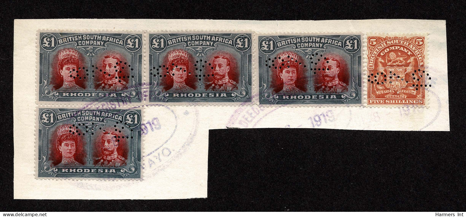Lot # 822 Rhodesia 1910 -13, King George V “Double Head”: £1 Perf 15 RSC G Perf 15 Irregular BLOCK OF THREE And Single T - Rodesia & Nyasaland (1954-1963)
