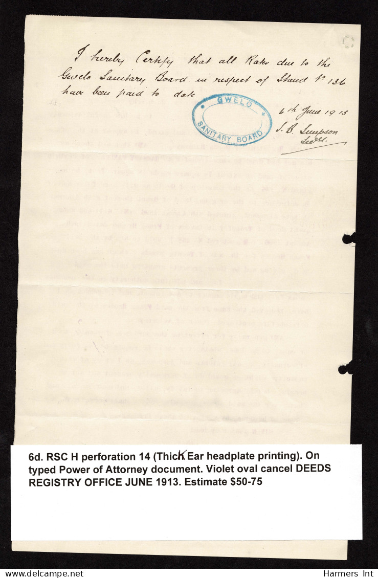 Lot # 823 Rhodesia 1910 -13, King George V “Double Head”: 6d Shades, Four Power Of Attorney Documents - Rhodésie & Nyasaland (1954-1963)