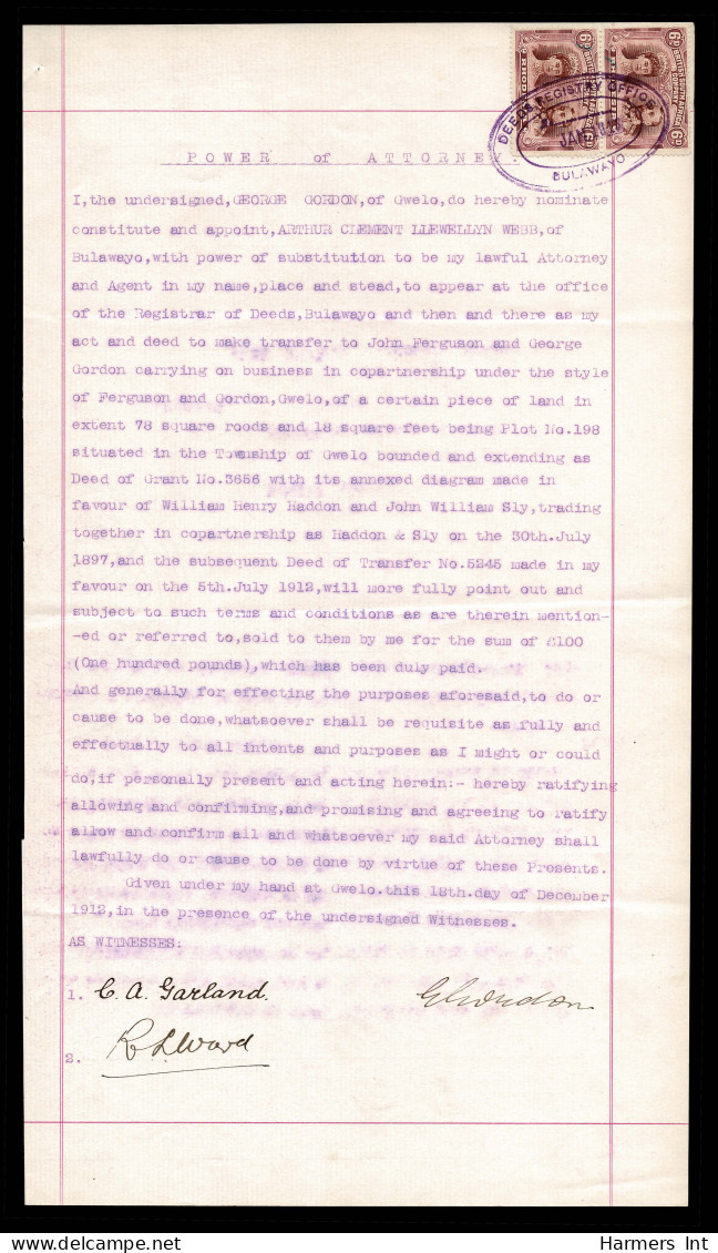 Lot # 823 Rhodesia 1910 -13, King George V “Double Head”: 6d shades, Four Power of Attorney Documents