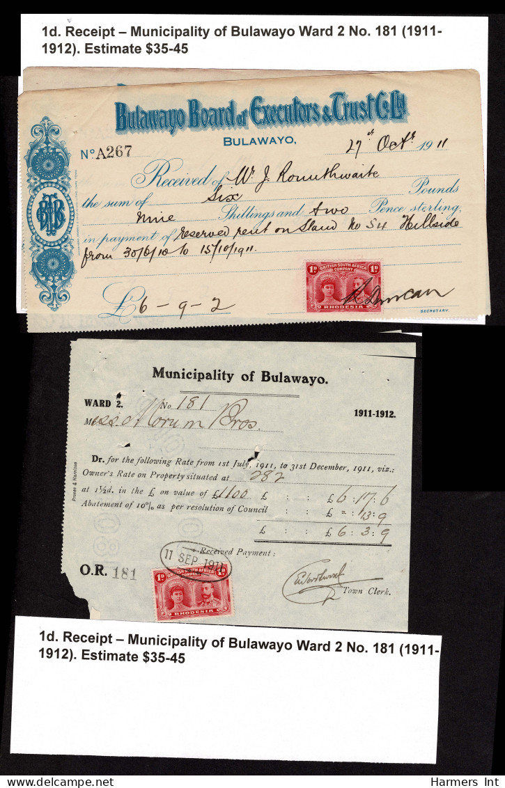 Lot # 825 Rhodesia: 1910-13 The "Double Head" Remainder Of Six Documents And 8 Pieces Datd 1910 To 1916 - Rhodesien & Nyasaland (1954-1963)