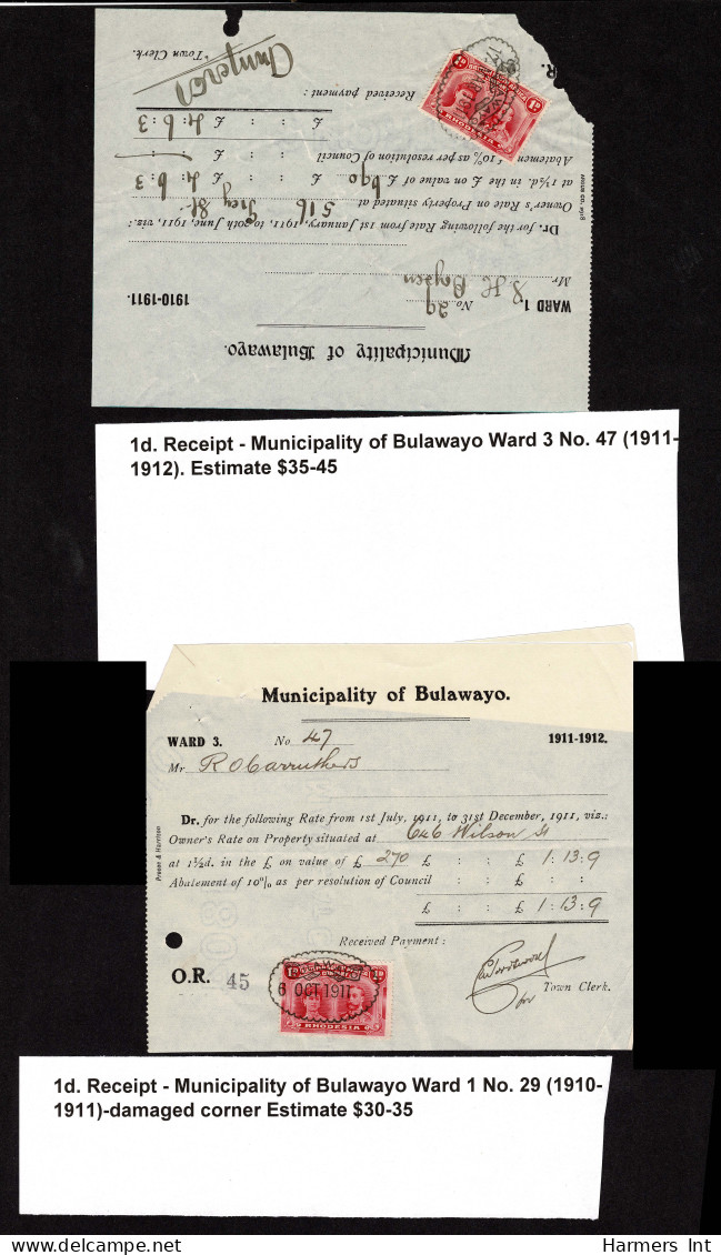 Lot # 825 Rhodesia: 1910-13 The "Double Head" Remainder Of Six Documents And 8 Pieces Datd 1910 To 1916 - Rhodésie & Nyasaland (1954-1963)