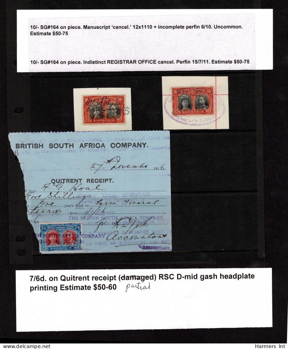 Lot # 825 Rhodesia: 1910-13 The "Double Head" remainder of Six documents and 8 pieces datd 1910 to 1916