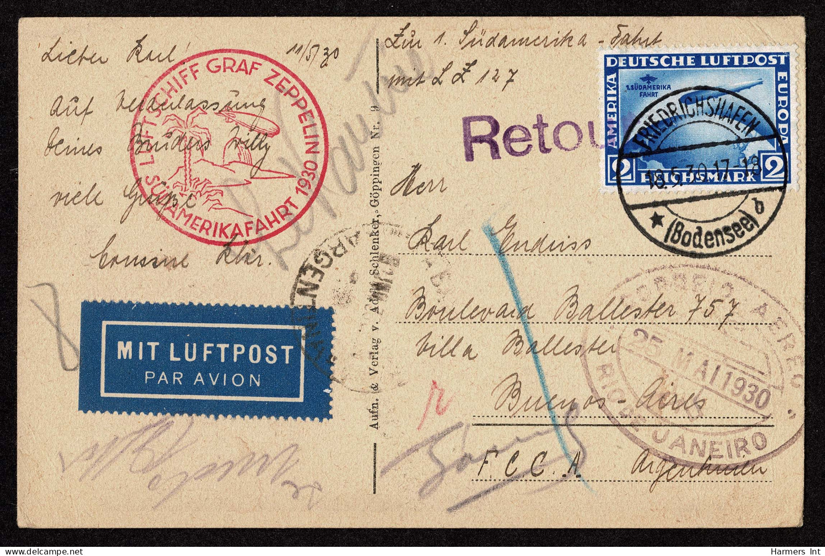 Lot # 849 Germany: Used To Argentina; Zeppelin 1930 South American Flight 2m,4m - Airmail & Zeppelin