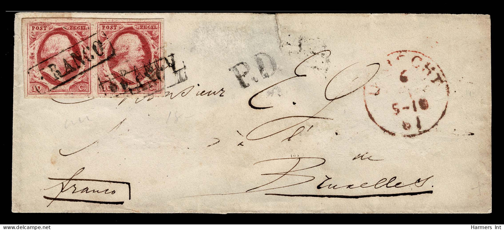 Lot # 861 Netherlands: Used To Belgium: 1852, First Issue, 10c Lake Pair - Oblitérés