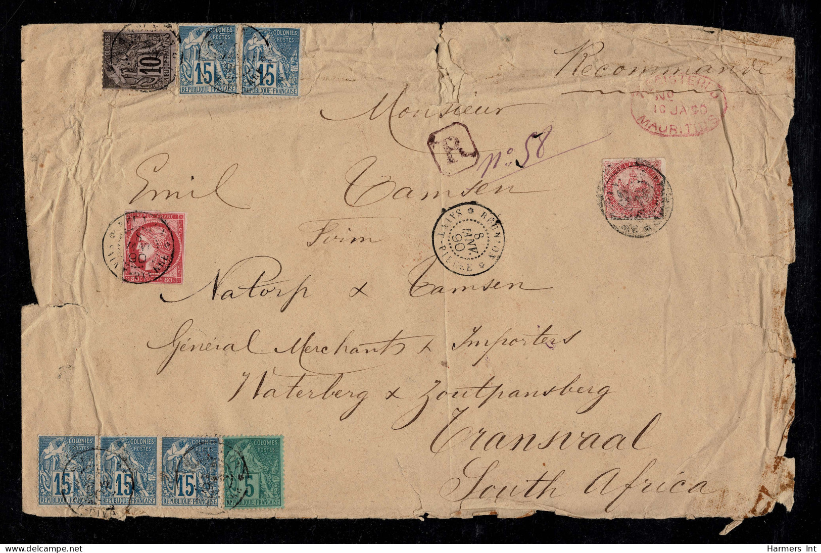 Lot # 898 French Colonies: Reunion. Postal History: Used to Natal, 10 generally large