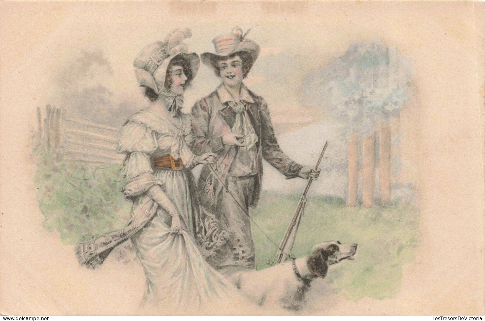 ILLUSTRATION NON SIGNE - Un Couple Promenant Leur Chien - Carte Postale Ancienne - Avant 1900