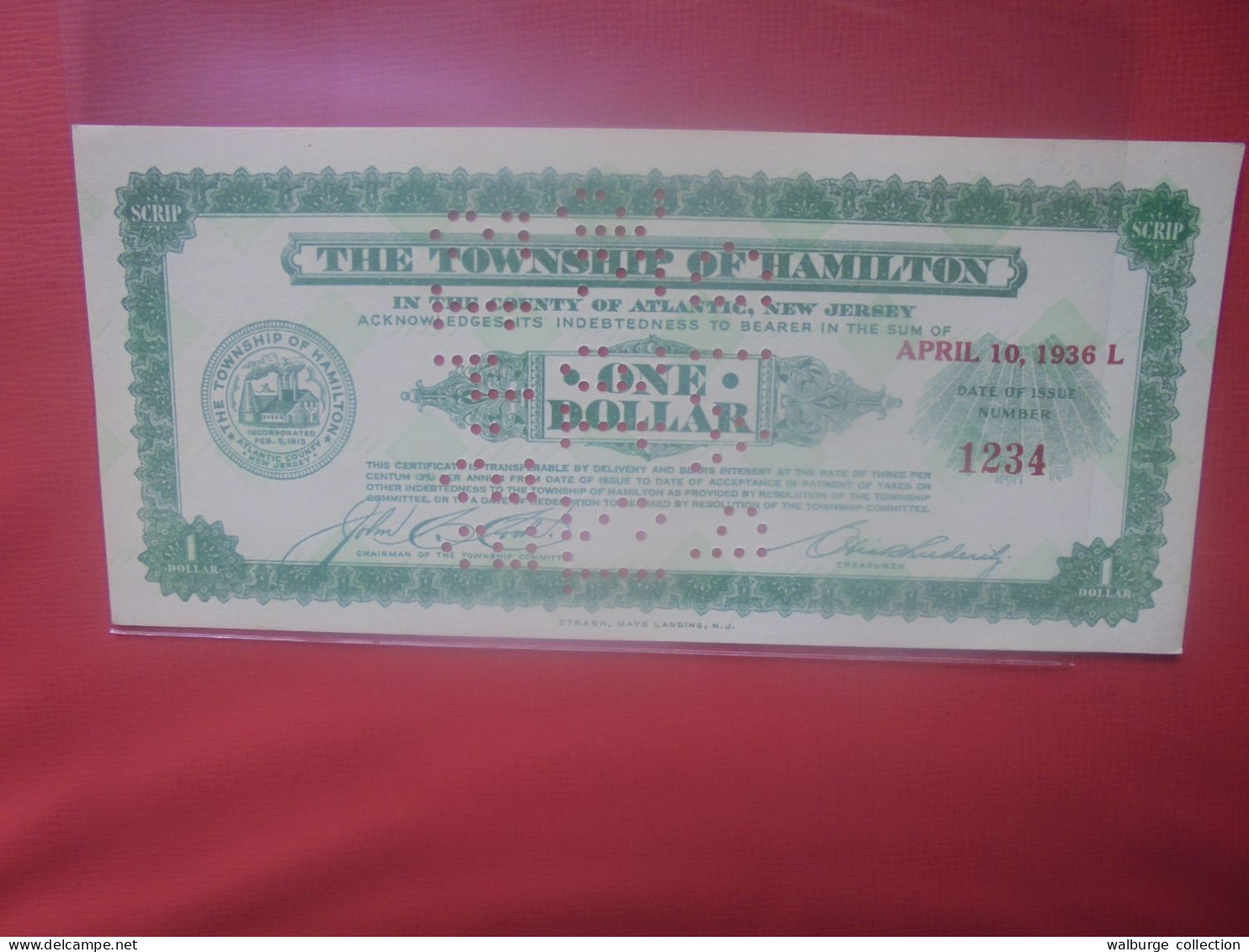 NEW-JERSEY "The Township Of Hamilton" One Dollar 1936 Peu Circuler Presque Neuf (B.30) - Colecciones Lotes Mixtos