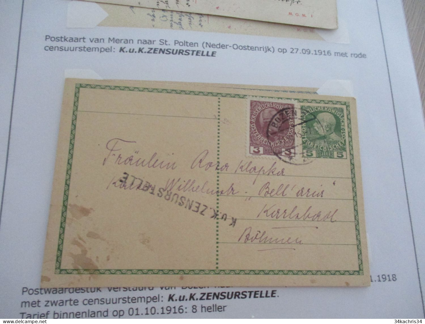 Collection Spécialisée ITALIE/Autriche K.u.K. Monarchie Entier Bozen Vers Karisbad  Censure K.u.K. Zensurstelle - Covers & Documents