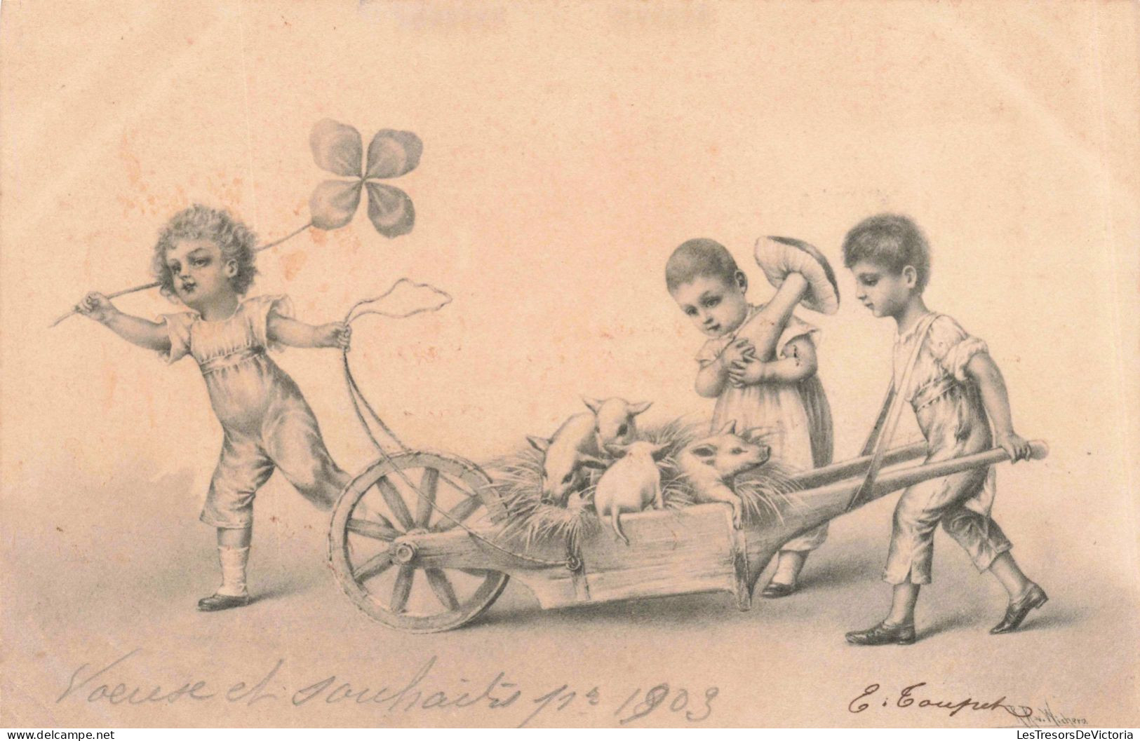 FANTAISIE - Bébés - Des Bébés Transportant Des Trèfles, Un Champignon Et Des Souris Géantes - Carte Postale Ancienne - Babies