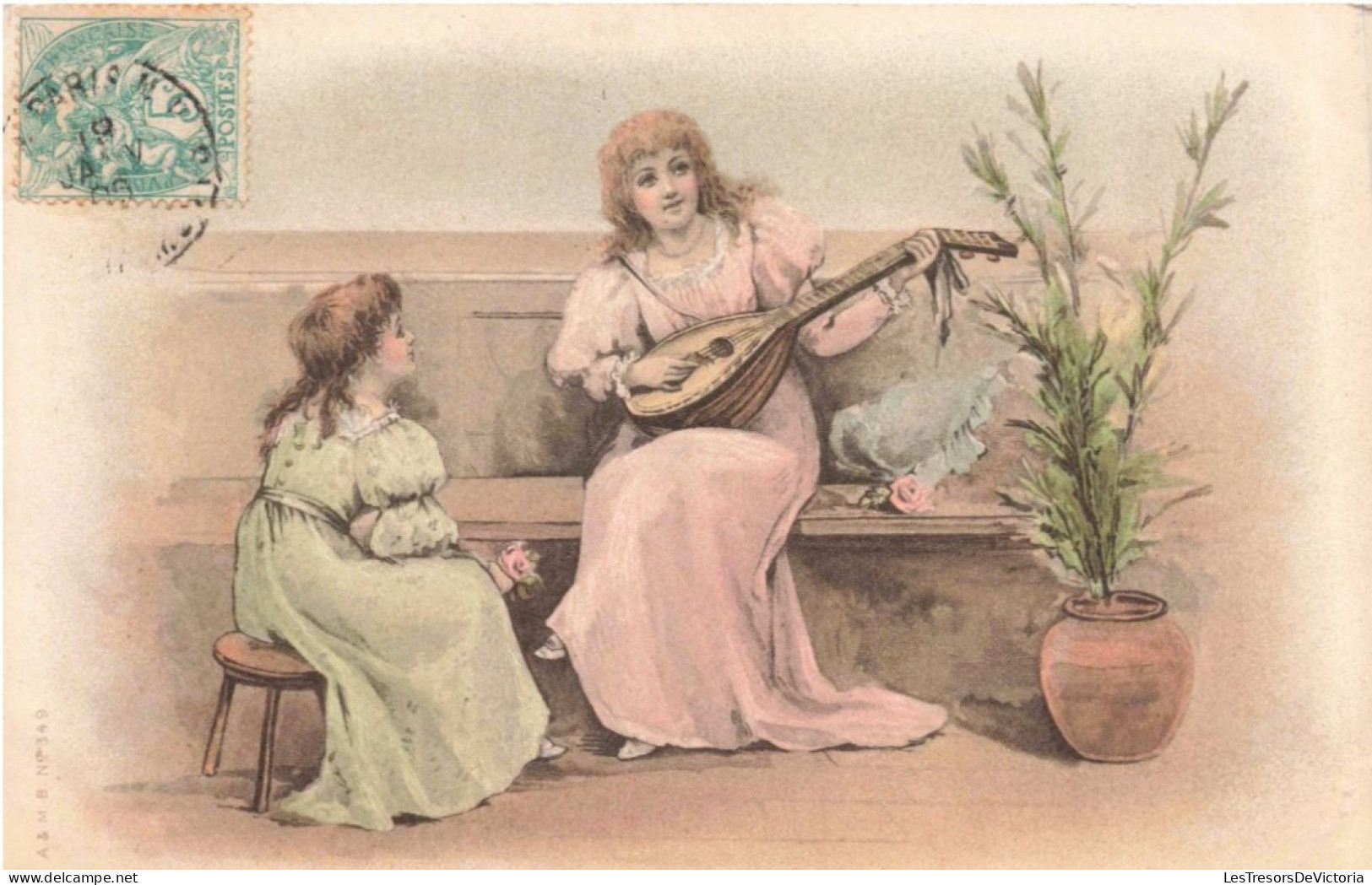 ILLUSTRATION NON SIGNE - Deux Jeunes Filles Dont L'une Joue à La Guitare - Carte Postale Ancienne - Voor 1900