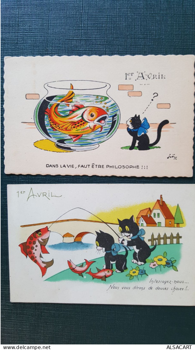 Premier Avril , Poisson D'avril ,2 Carte Avec Des Chats Peche Et Aquarium - April Fool's Day