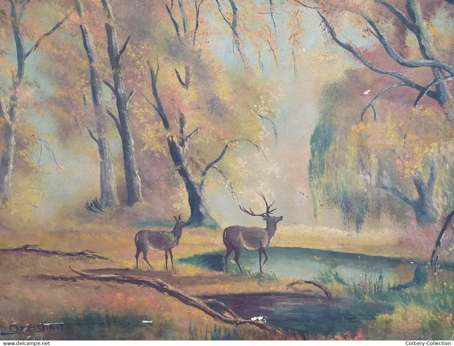 Ancien Tableau Cerf Et Biche En Forêt - Huiles