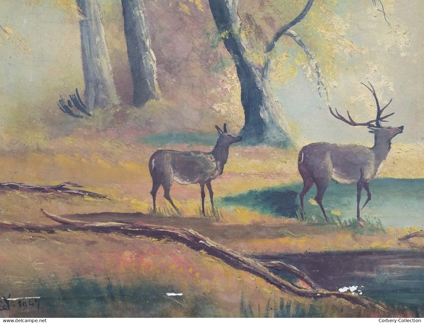 Ancien Tableau Cerf Et Biche En Forêt - Huiles