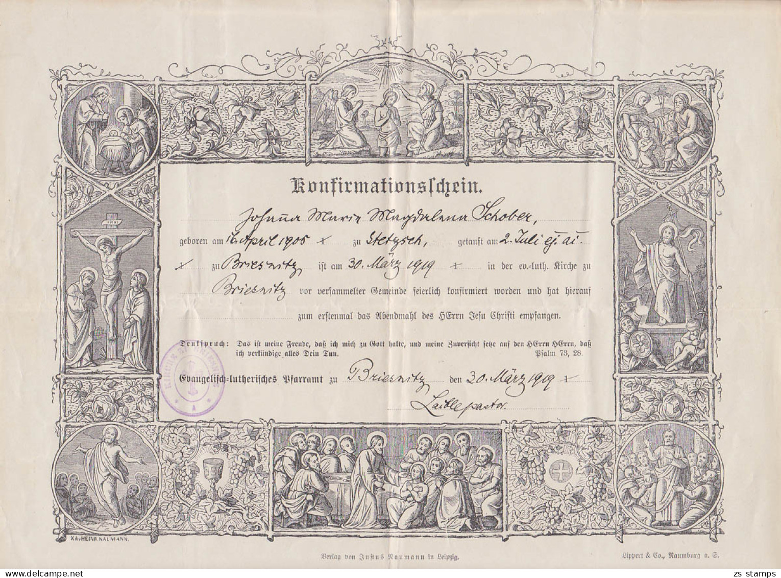 Dresden Briesnitz Konfirmationsschein 30. März 1919, Allegorische Abb. Geburt Taufe, Kreuzigung, Auferstehung - Christianism