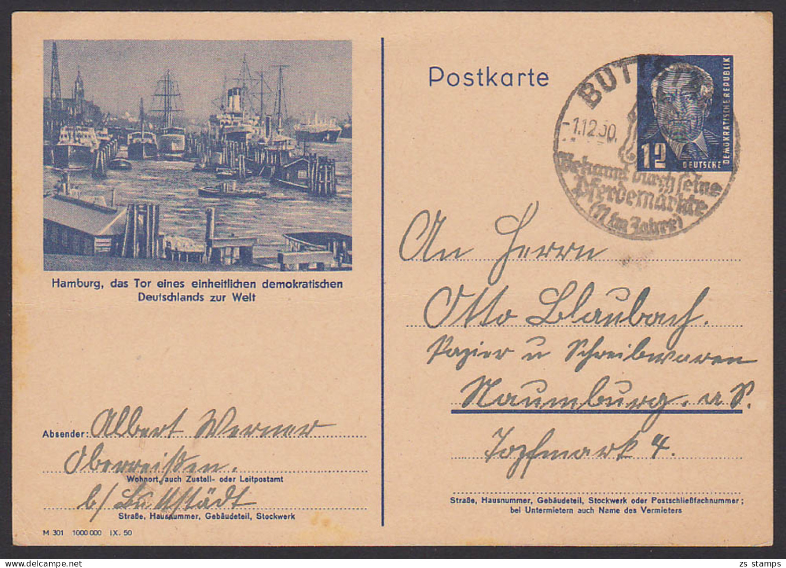 Hamburg Bildpostkarte 12 Pfg. W. Pieck GA P47 /02, Tor Eines Einheitlichen Dem. Deutschlands Zur Welt, Buttstädt - Postkarten - Gebraucht