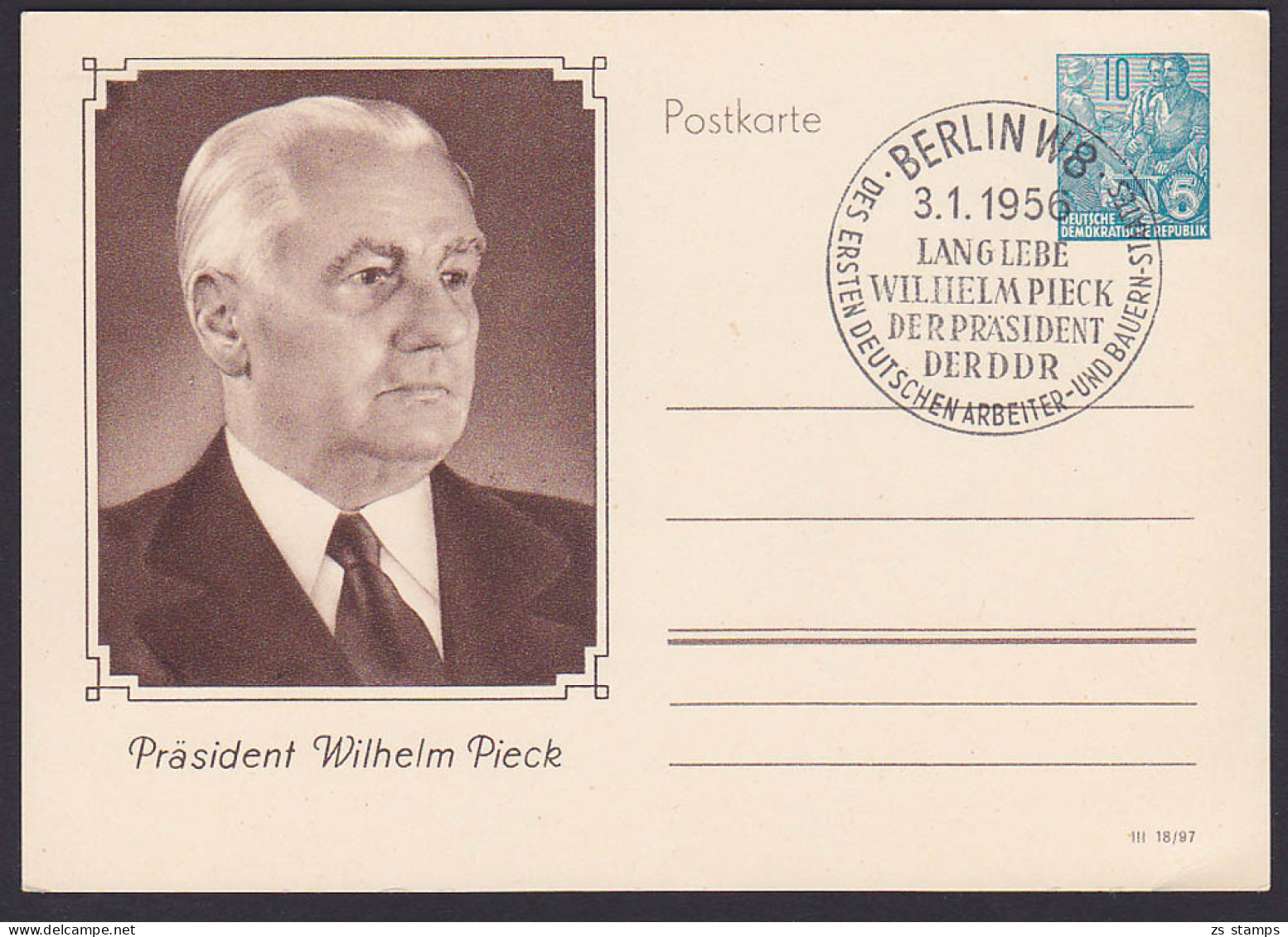 Wilhelm Pieck Sonder-Ganzsache Mit SoSt. Berlin 3.1.56 Lang Lebe Der Wilhelm Pieck Der Präsident Der DDR - Cartoline - Usati