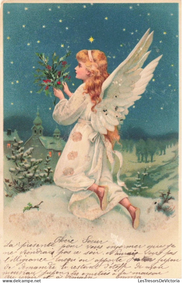 ANGES - Un Ange Dans La Neige Tenant Une Branche De Houx -  Carte Postale Ancienne - Engel